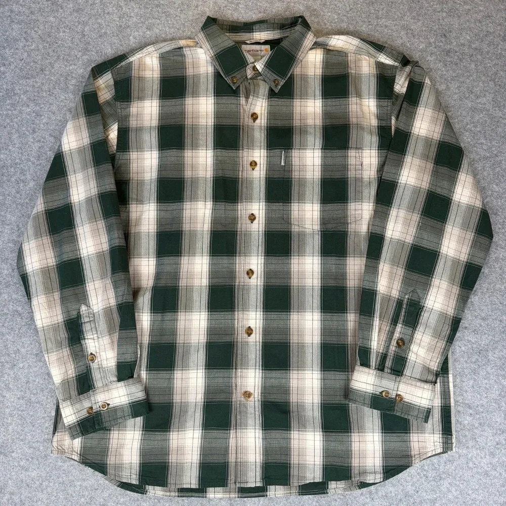Carhartt Mens XL Plaid Flannel Shirt Long Sleeve Green White Button Up Relax Fit - Picture 1 of 10